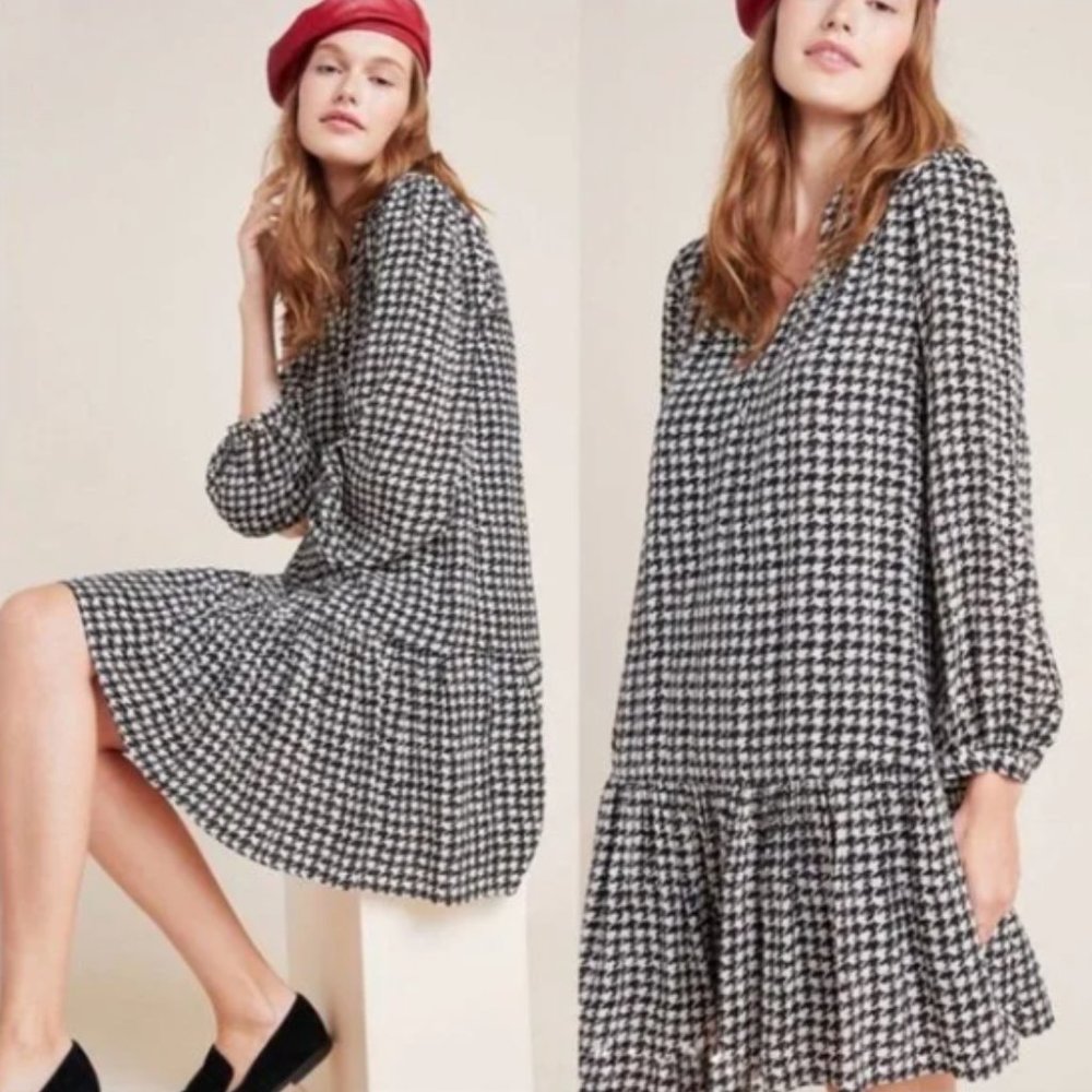 Anthropologie Maeve Black & White Houndstooth Long-Sleeved Dress - Size S